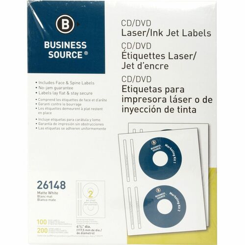 Business Source  CD/DVD Labels, Laser/Inkjet, 100/PK, White