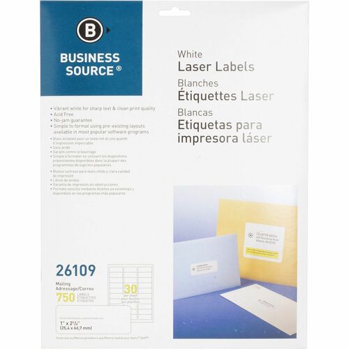 Business Source  Mailing Labels, Laser/Inkjet, 1"x2-5/8", 750/PK, White