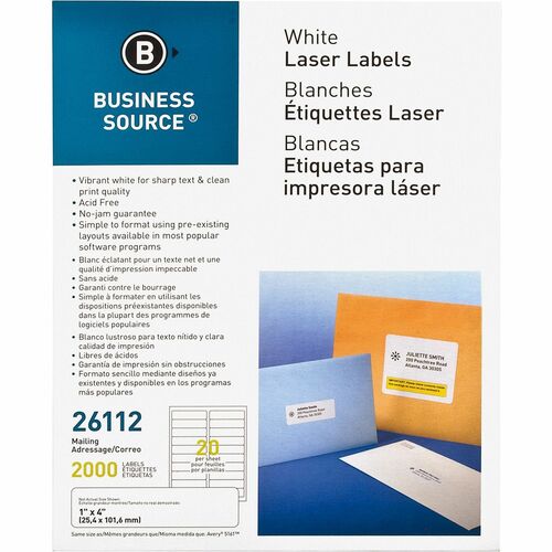 Business Source  Mailing Labels, Laser/Inkjet, 1"x4", 2000/PK, White