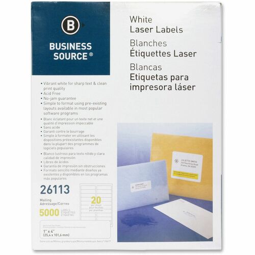 Business Source  Mailing Labels, Laser/Inkjet, 1"x4", 5000/PK, White