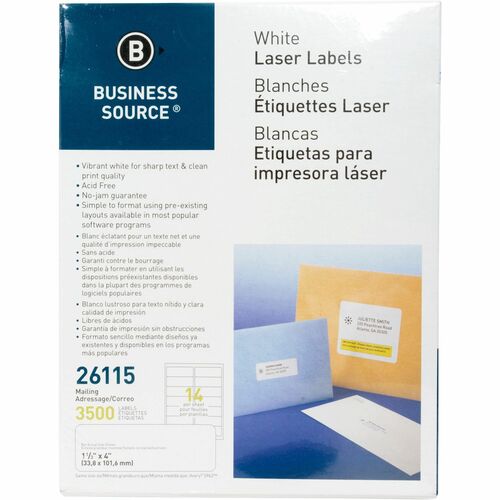 Business Source  Mailing Labels, Laser/Inkjet, 1-1/3"x4", 3500/PK, White