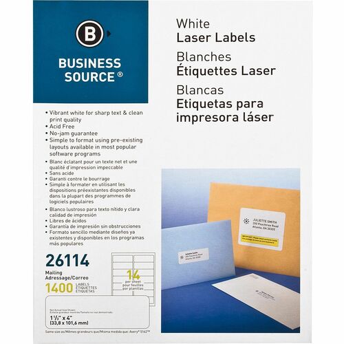 Business Source  Mailing Labels, Laser/Inkjet, 1-1/3"x4", 1400/PK, White