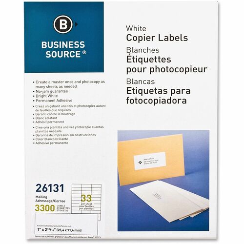 Business Source  Mailing Labels, 1"x2-3/4", 3300/PK, White
