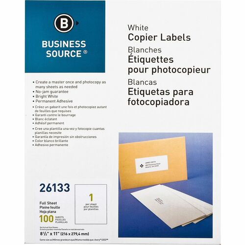 Business Source  Full Sheet Labels, 8-1/2"x11", 100/PK, White