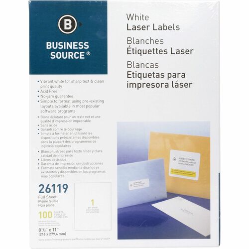 Business Source  Mailing Labels,Full Sheet,Laser/Inkjet,8-1/2"x11",100/PK,WE