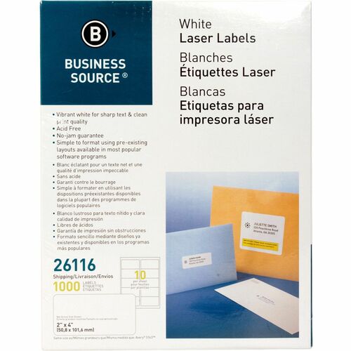 Business Source  Mailing Labels,Shipping,Laser/Inkjet,2"x4",1000/PK,White