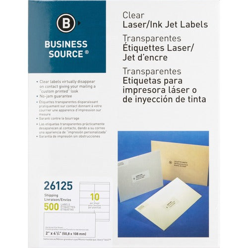 Business Source  Shipping Labels, Laser, Permanent, 2"x4-1/4", 500/PK, Clear