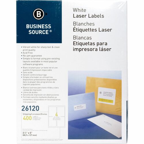 Business Source  Mailing Labels,Shipping,Laser/Inket,3-1/2"x5",400/PK,White