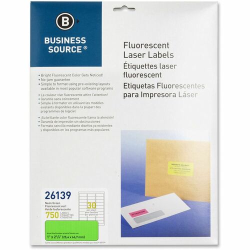 Business Source  Laser Labels, Fluorescent, 1"x2-5/8", 750/PK, Neon Green