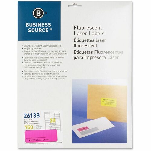 Business Source  Laser Labels, Fluorescent, 1"x2-5/8", 750/PK, Neon Pink