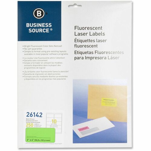 Business Source  Laser Labels, Fluorescent, 2"x4", 250/PK, Neon Green