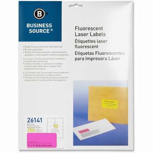 Business Source  Laser Labels, Fluorescent, 2"x4", 250/PK, Neon Pink