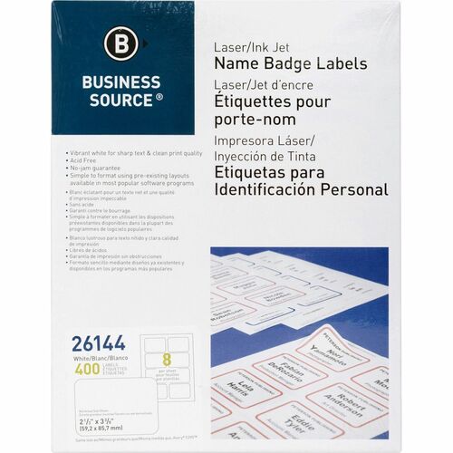 Business Source  Name Badge Labels, 2-1/3"x3-3/8", 400/PK, Plain White