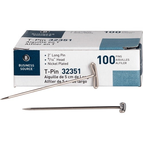 Business Source  T-Pins, 9/16" Head Width, 2" L, 100/BX, Silver