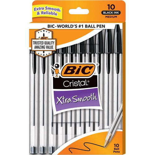 Bic  Stic Ballpoint Pen,Medium Point,10/PK,Black Ink/Clear Barrel