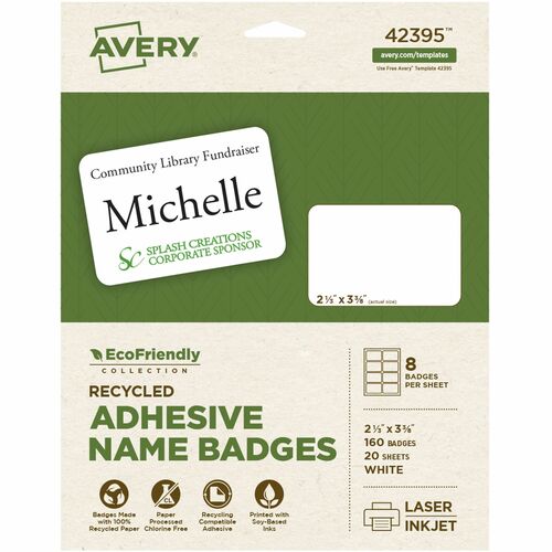 Avery  Labels, Name Badges, 2-1/3"x3-3/8", 160/PK, White