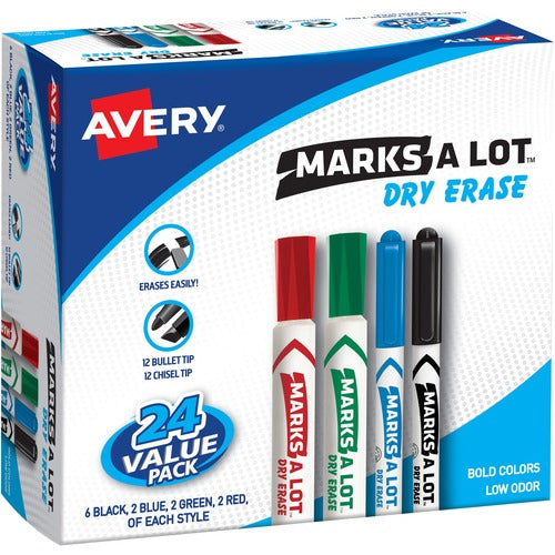 Avery  Dry Erase Markers Combo Pack, Chisel/Bullet Pt, 24/BX, AST