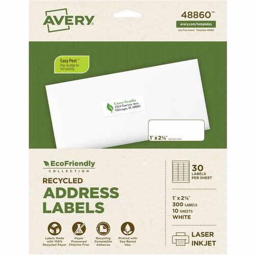 Avery  Labels, Mailing, Eco Friendly, 1"x2-5/8", 300/PK, White