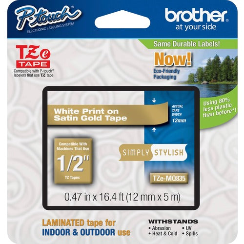 Brother  Laminated TZE Tape, 12mm, White/Satin Gold
