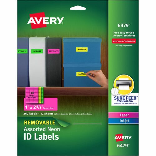 Avery  Laser/Inkjet Labels, Remvbl, 30UP, 1"x2-5/8", 360/PK, NE/AST