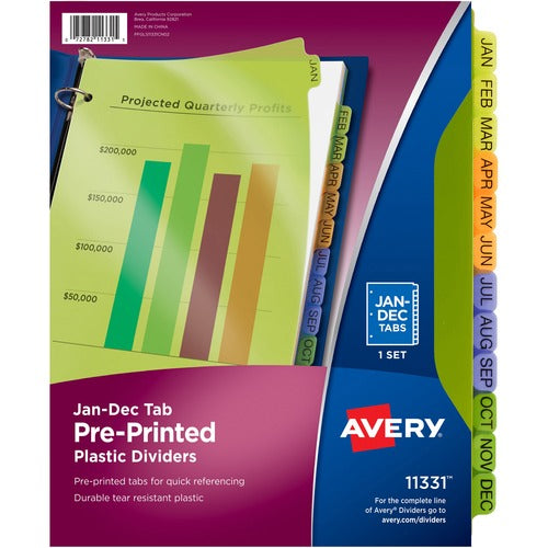 Avery  Plastic Dividers, Printed Jan-Dec, 8-1/2"x11, 12 Tabs, AST