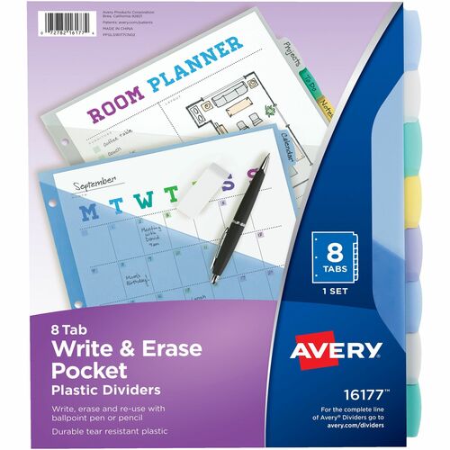 Avery  Write-On Dividers w/Pocket,8-Tab,9-1/4"x11-1/8",Pastel AST