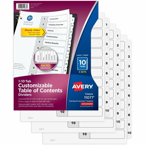 Avery  Index Dividers,1-10 Tab, 8-1/2"x11", 3ST/PK,12PK/CT,BK/WE