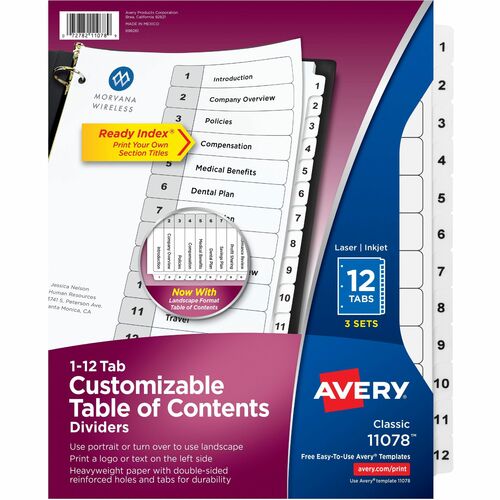 Avery  Index Dividers,1-12 Tab, 8-1/2"x11", 3ST/PK,8PK/CT,BK/WE