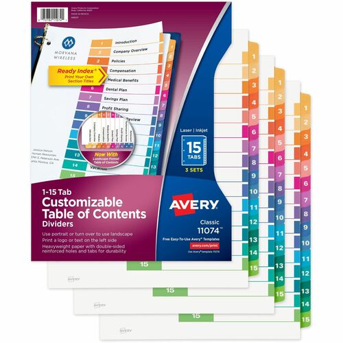 Avery  ReadyIndexDividers,TOC,1-15 Tab,3HP,8-1/2"x11",3/PK,24PK/CT