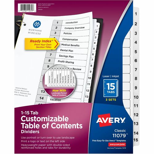 Avery  Index Dividers,1-15 Tab, 8-1/2"x11", 3ST/PK,8PK/CT,BK/WE