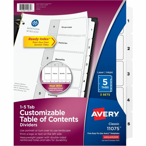Avery  Index Dividers, 1-5 Tab, 8-1/2"x11", 3ST/PK, 12PK/CT, BK/WE