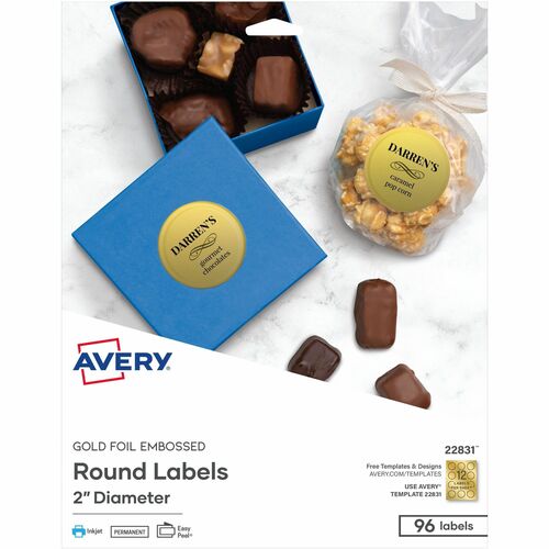 Avery  Labels, Round, Foil/Embossed, 2" Dia, 96/PK, Gold