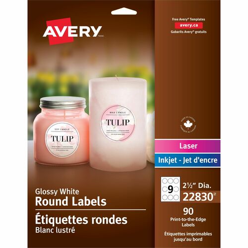 Avery  Round Labels, 2-1/2", 90/PK, White