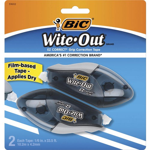 Bic  Correction Tape, Rubber Grip, 1/5"x33ft, 2/PK, White