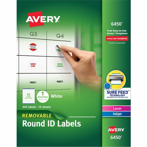 Avery  Removable Round Labels, 1", 945/PK, White