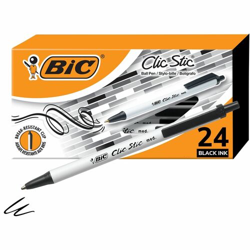 Bic  Clic Stic Pen, Medium Point, 24/BX, Black Ink/White Barrel