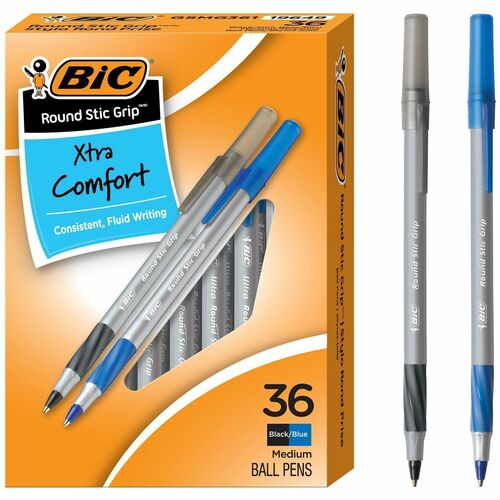 Bic  Round Stic Pen,Comfort Grip,Nonrefill,Med Pt, 36/BX, AST Ink
