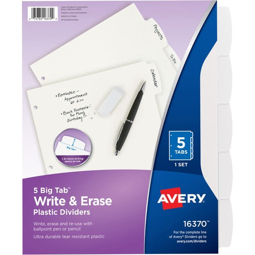 Avery  Write-On Divider, 5/Tab, 3-Hole Punch, 8.5"x11", White