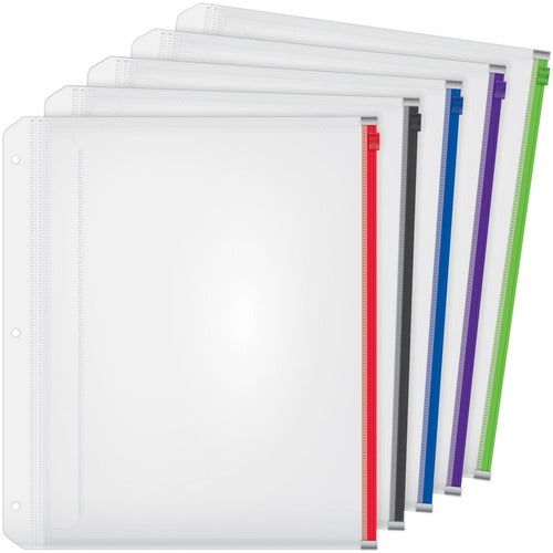 Cardinal  Binder Pockets,w/Zip,1/2"/100 Sht Cap,Letter,5/PK,AST