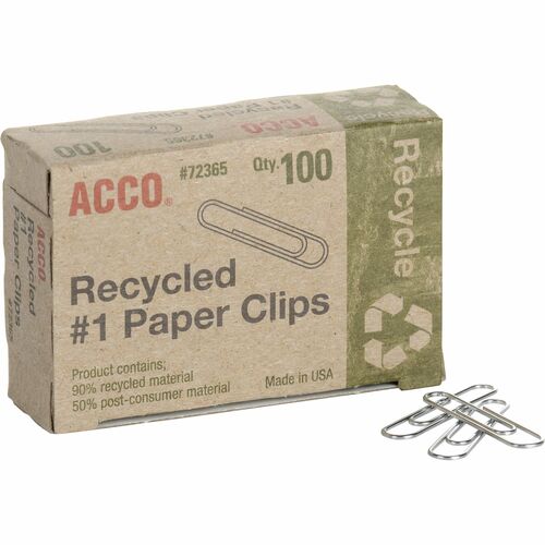 ACCO  Paper Clips,Recycled,No 1,1-9/32" Standard,100/BX,10BX/PK,SR