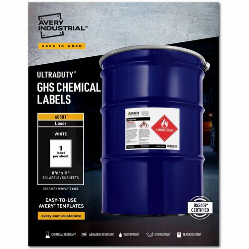 Avery  Labels, GHS Chemical, Laser, 8-1/2"x11", 50/BX, White