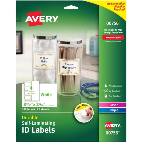 Avery  ID Labels, Self-Lam, 4UP, 2-5/16"x3-5/16", 100/PK, White