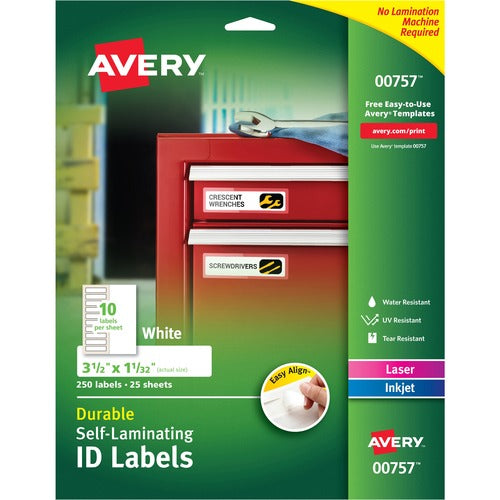 Avery  ID Labels, Self-Lam, 10UP, 1-1/32"x3-1/2", 250/PK, White