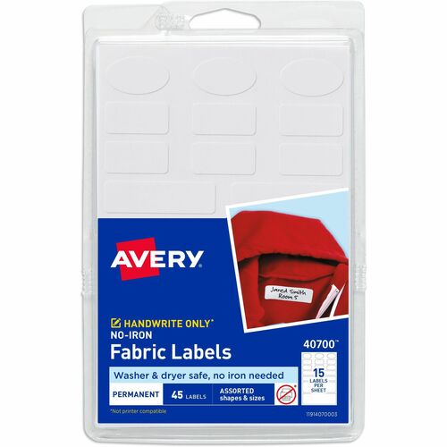 Avery  Fabric Labels, No-Iron, AST Shapes/Sizes, 45/PK, 18PK/CT, WE