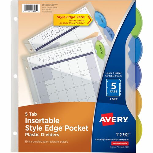 Avery  5-Tab Insertable Style Edge Pocket, Plastic Div, 1 ST, Multi