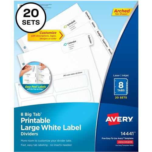 Avery  Dividers with Big Tabs, Easy Peel, 8-Tab/ST, 20Sets/BX, WE