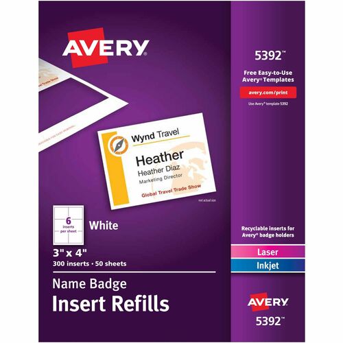 Avery  Insert Badge Refill, Fits 3"x4", 6/Sht, 300/BX, WE
