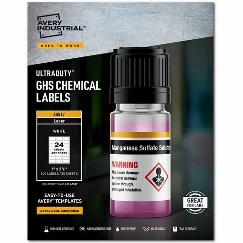 Avery  Labels, GHS Chemical, Laser, 1"x2-1/2", 600/BX, White