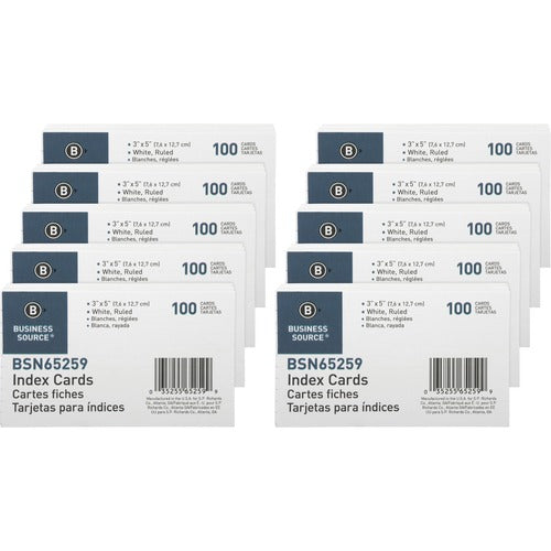 Business Source  Index Cards, Ruled, 72 lb., 3"x5", 100/PK, 10PK/BX, White