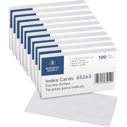 Business Source  Index Cards, Ruled, 72 lb., 5"x8", 100/PK, 5/BX, White